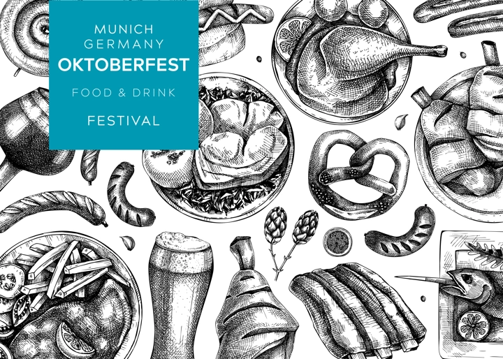 German food background. Oktoberfest menu design. Vector meat dishes sketches. German cuisine banner in vintage style. Traditional Food festival illustration. Black and white restaurant template